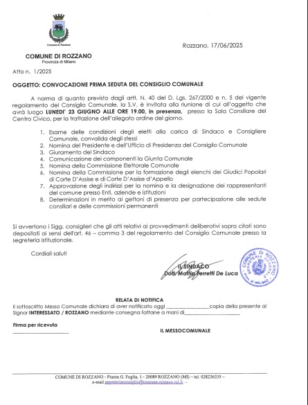 Rozzano: Consiglio Comunale alle ore 19:00