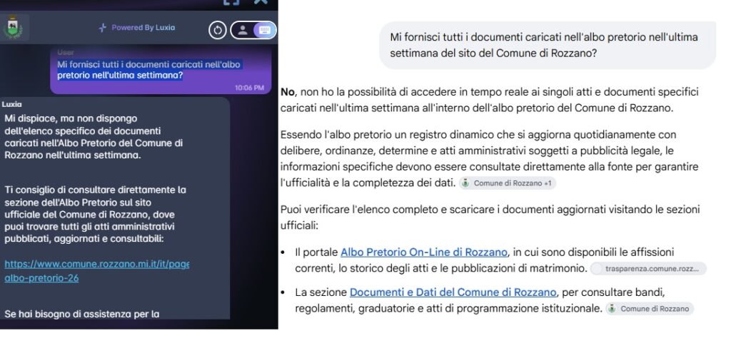 Confronto tra Sofia e Gemini sulla domanda: Mi fornisci tutti i documenti caricati nell'albo pretorio nell'ultima settimana del sito del Comune di Rozzano?